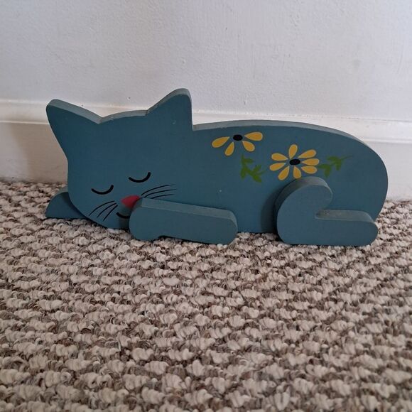 Blue Painted Wooden Resting Cat Decor Folk Art - Picture 1 of 7